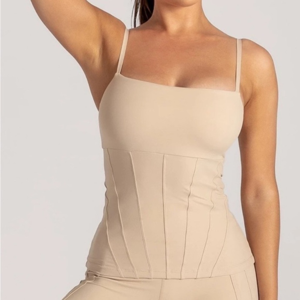 MESHKI beige nude corseted athleisure top, S